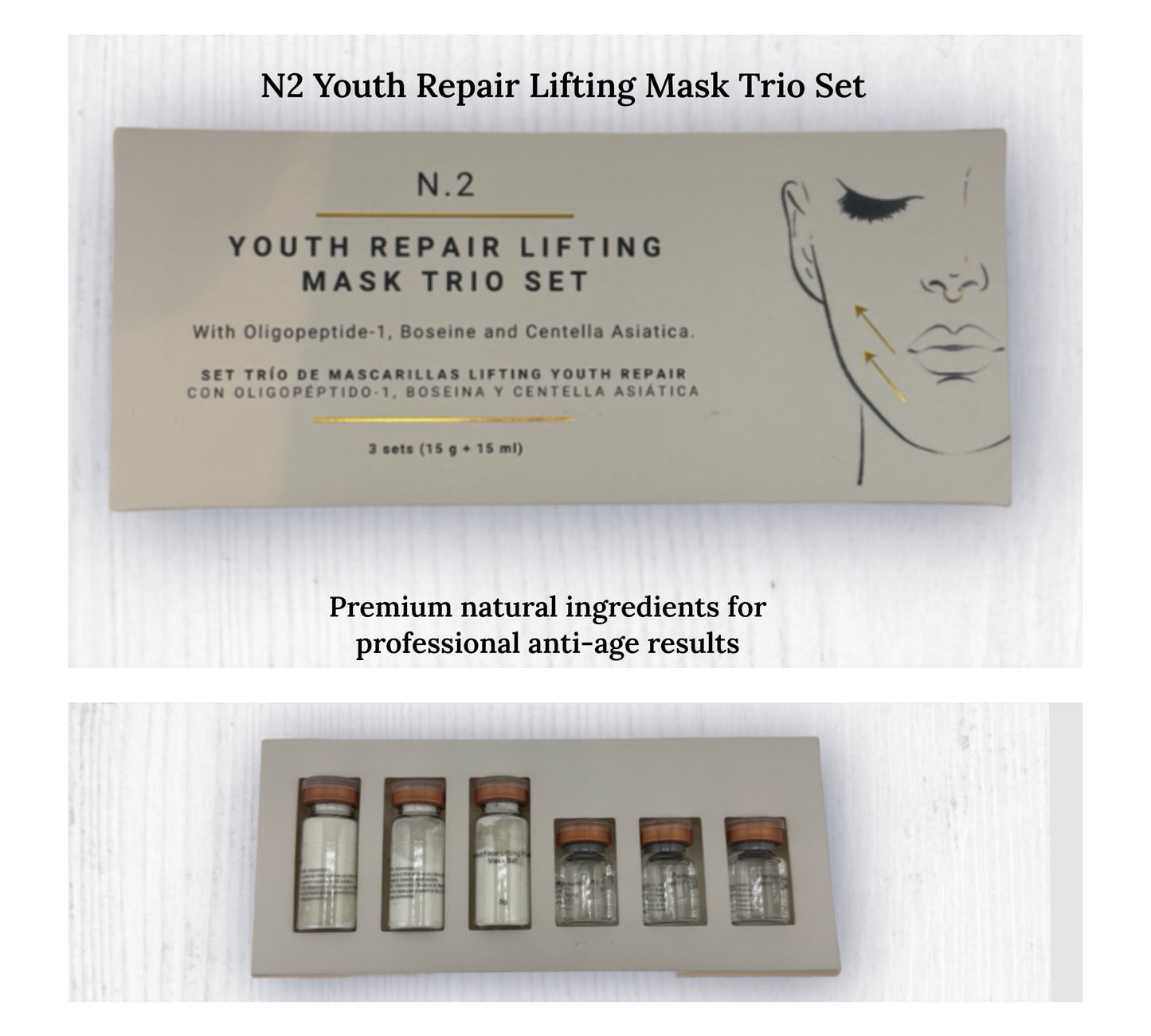 100% natural actives + clean formula without harsh chemicals.  
3 masks = complete lifting course. Shop premium Youth Repair now